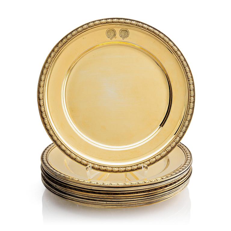 Twelve silver-gilt plates, mark of company C.G. Hallberg, Stockholm 1913-1917.