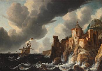 David Ludeking Attributed to, Ships on stormy coastal sea with casle above.