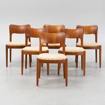 A set of six teak dining chairs upholstered in new sheepskin by Niels Koefoed, Denmark, 1960's.