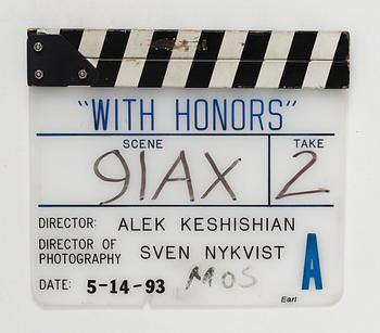 CLAPPER BOARD from the movie-making of the movie "With Honors", USA 1993. Director: Alek Keshishian.