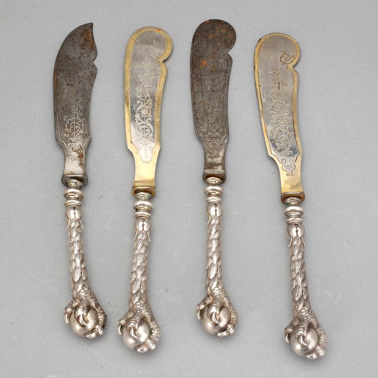 KNIVAR, 4 st, silver och metall, svenska stämplar, 1800-talets andra hälft.