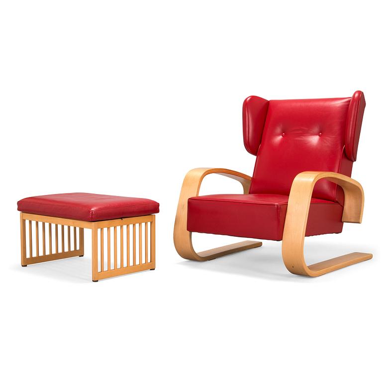 Alvar Aalto, nojatuoli ' High back tank'  E400 för Artek 1999. Ben af Sculten, rahi 445 Artek 1999.