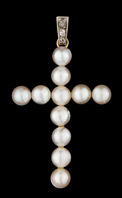 PENDANT/CROSS, set with natural half pearls.