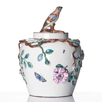 A large Swedish Marieberg faience jar with cover, dated 1765.