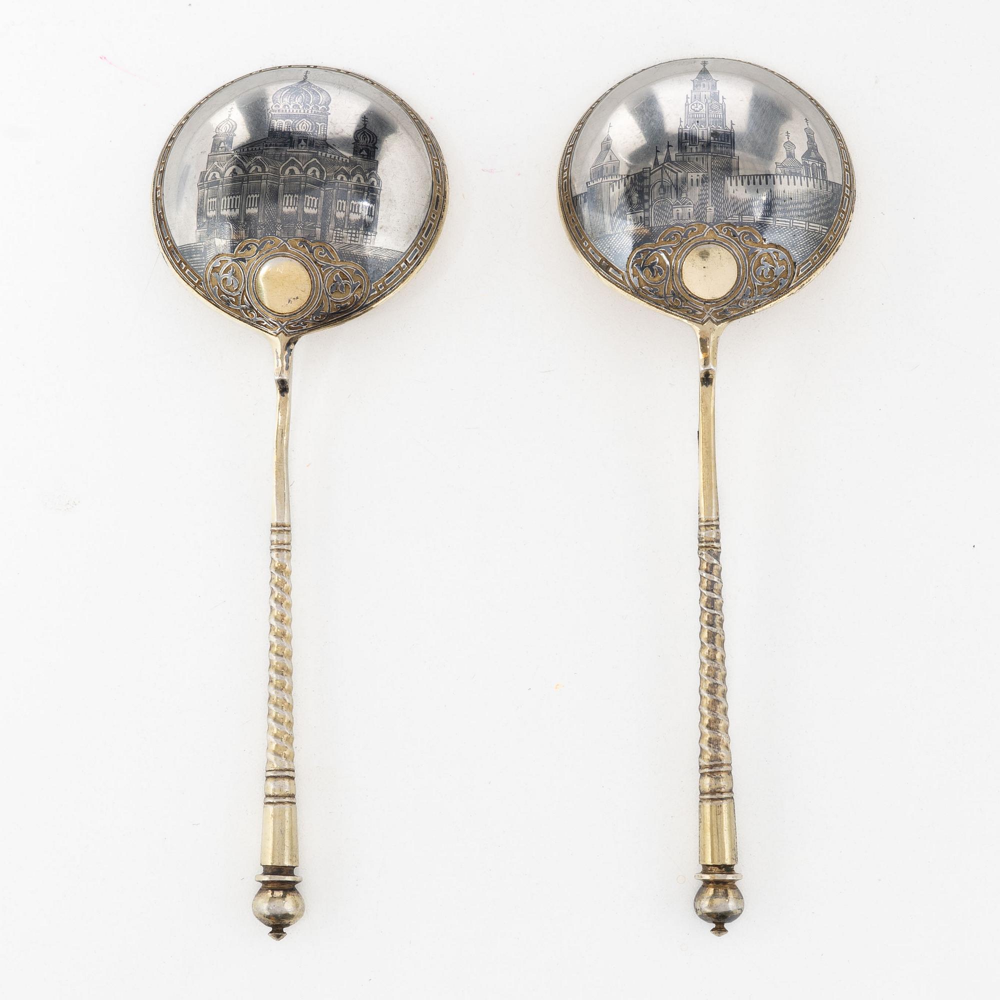 Skedar, ett par, silver, Moskva, Ryssland 1891.
