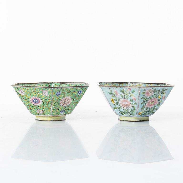 A set of six Chinese enamel on copper bowls and a dish, Qing dynasty and 20th century.