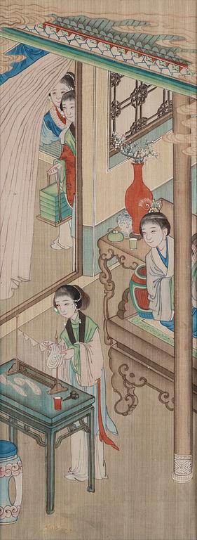 A group of seven Chinese paintings on silk by anonymous artist, Qing dynasty, 19th century.