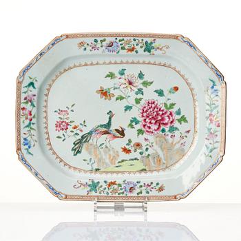 A set of three famille rose 'double peacock' serving dishes, Qing dynasty, Qianlong (1736-95).