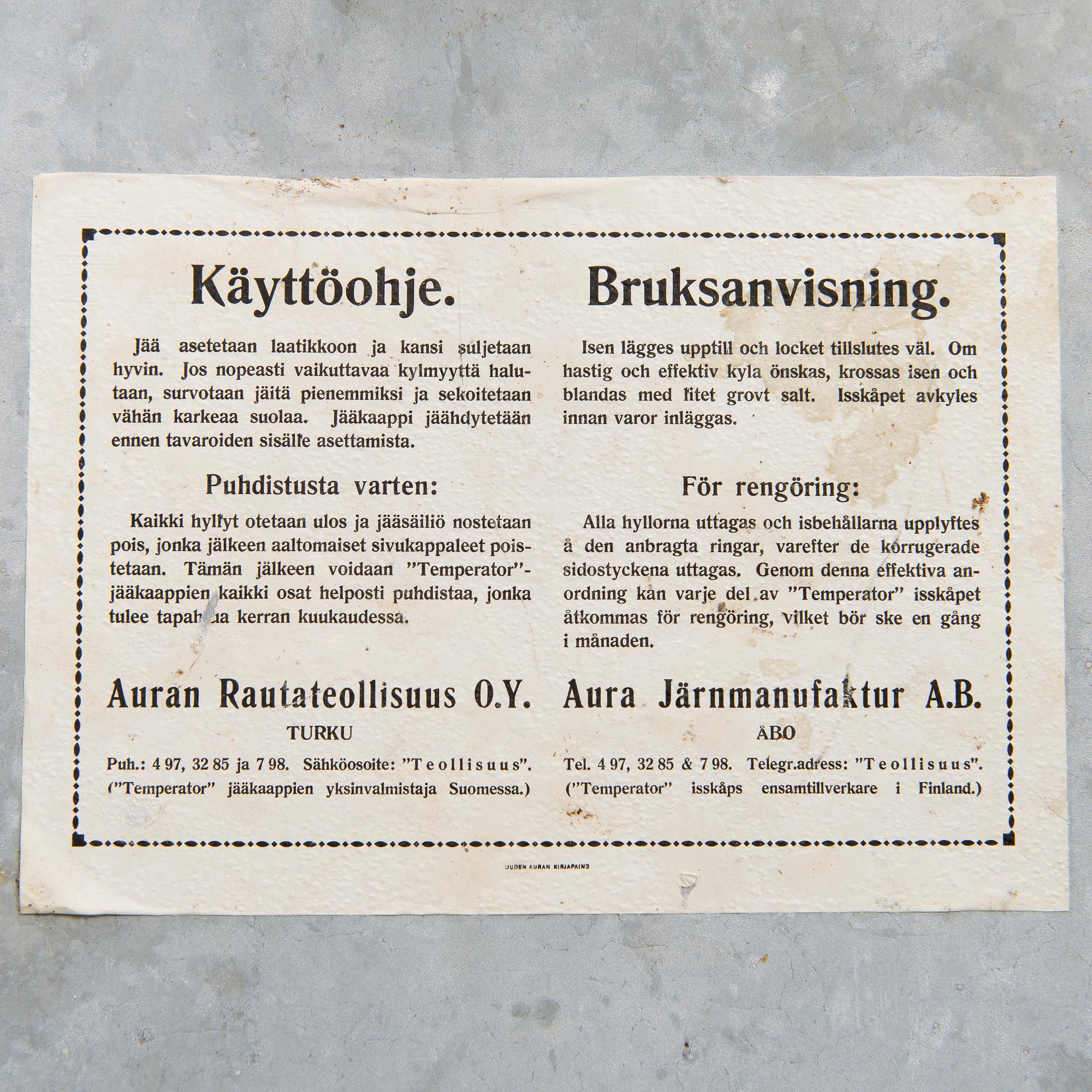ANTIQUE ICE BOX REFRIGERATOR, "Temperator" Auran Rautateollisuus Oy, Turku, Finland 1920s.