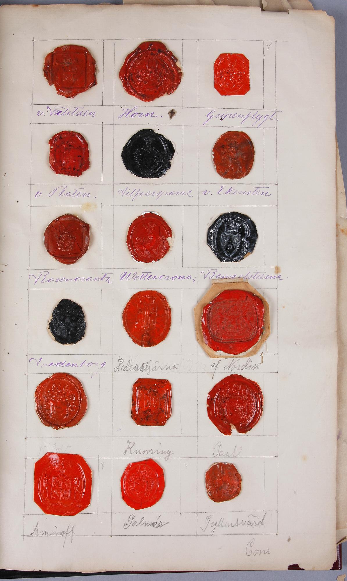 SIGILLSAMLING, 8 blad, svenska adliga ätter, 1800-tal.