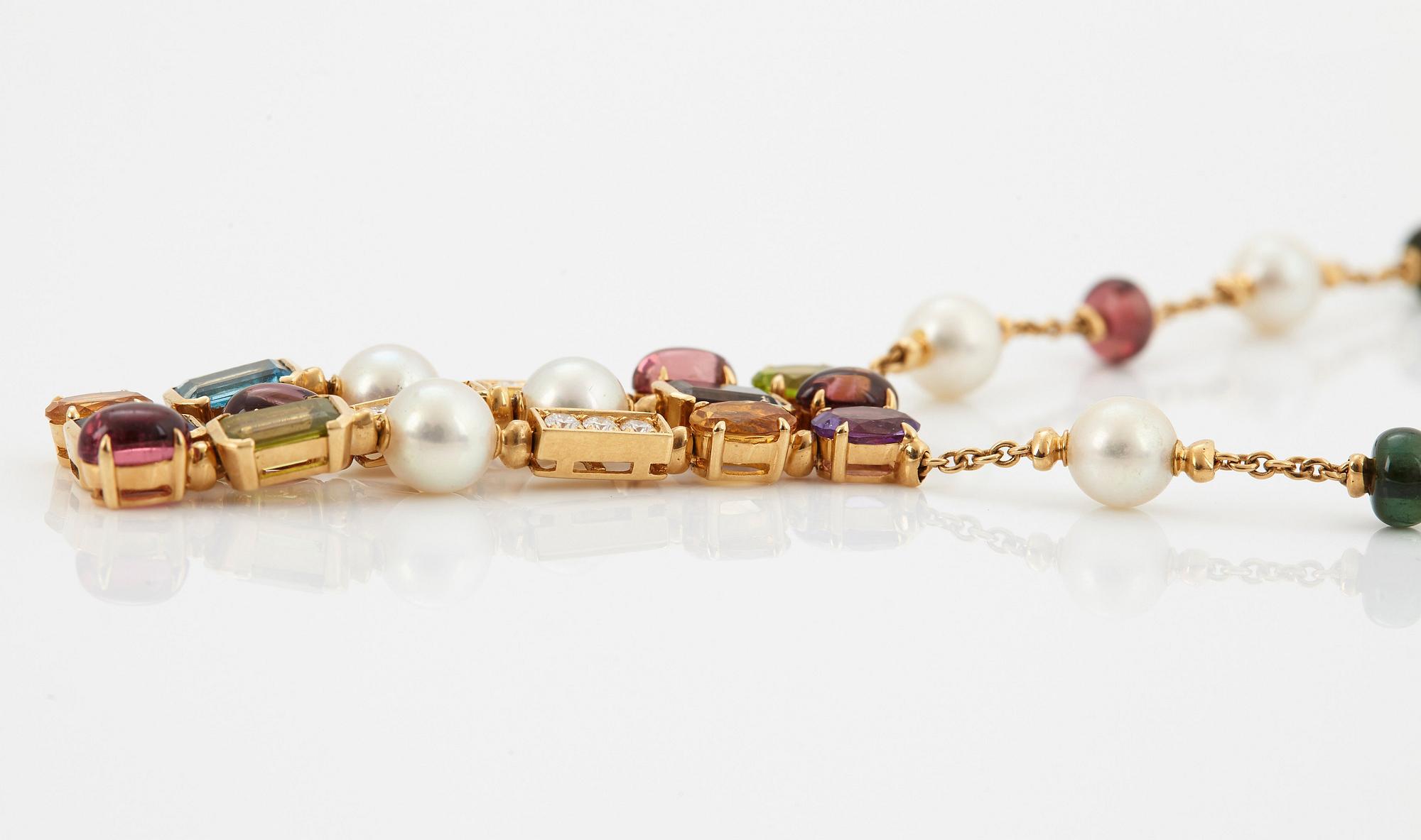 A Bulgari necklace "Allegra" in 18K gold set with coloured stones, cultured pearls and diamonds.