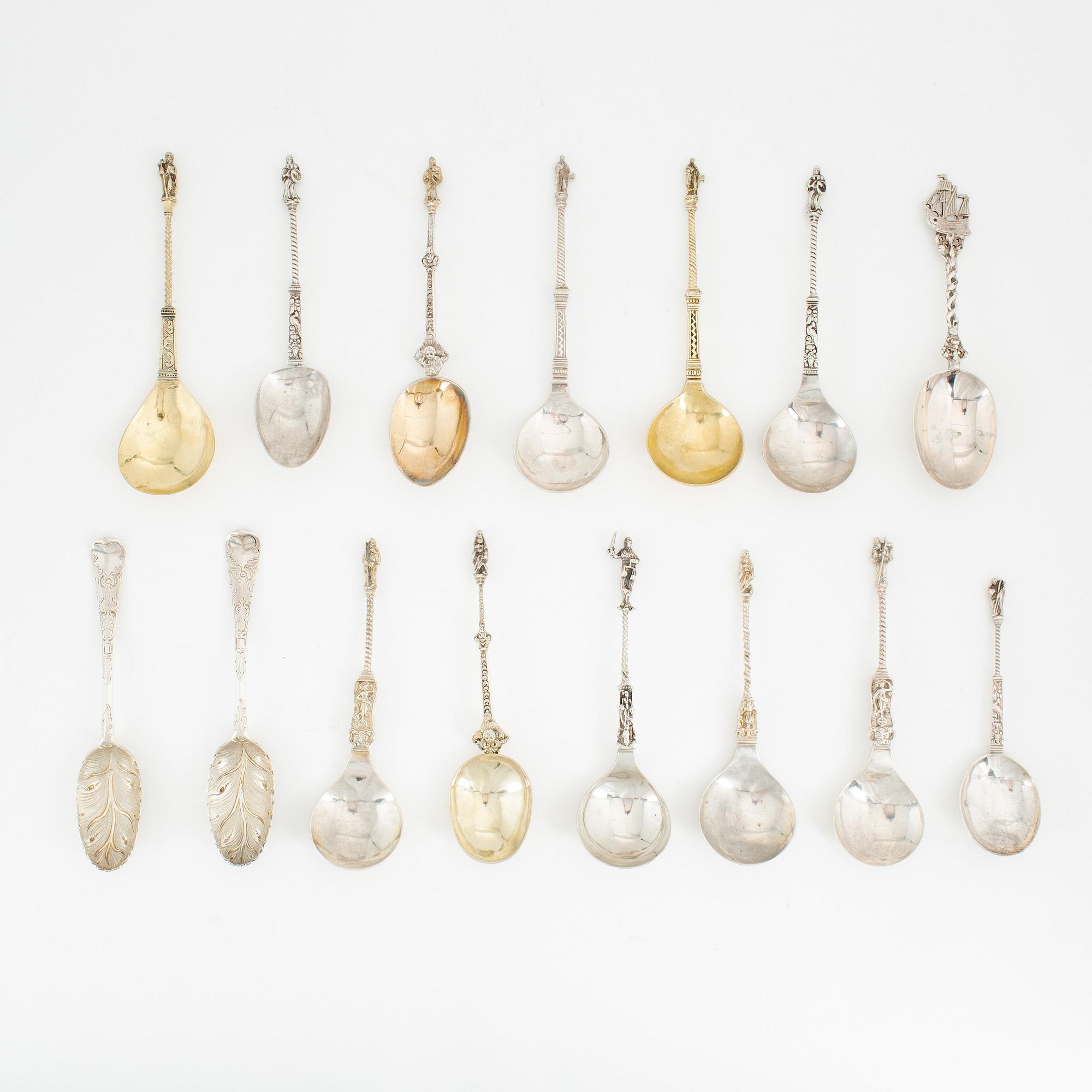 Fifteen silver spoons, Northern Europe, 19-20th century.