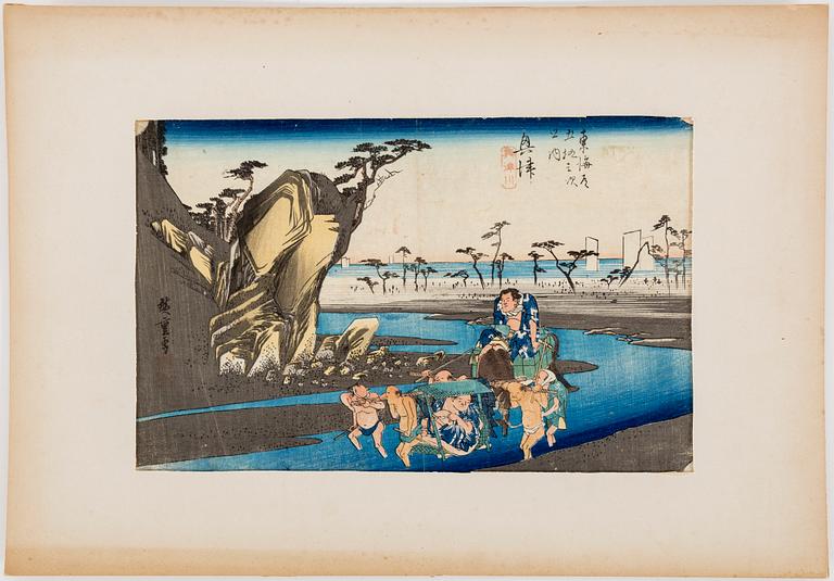 Three UTAGAWA HIROSHIGE (1797-1858) color woodblock prints. Japan, from 53 stations of the Tokaido, 19th century.