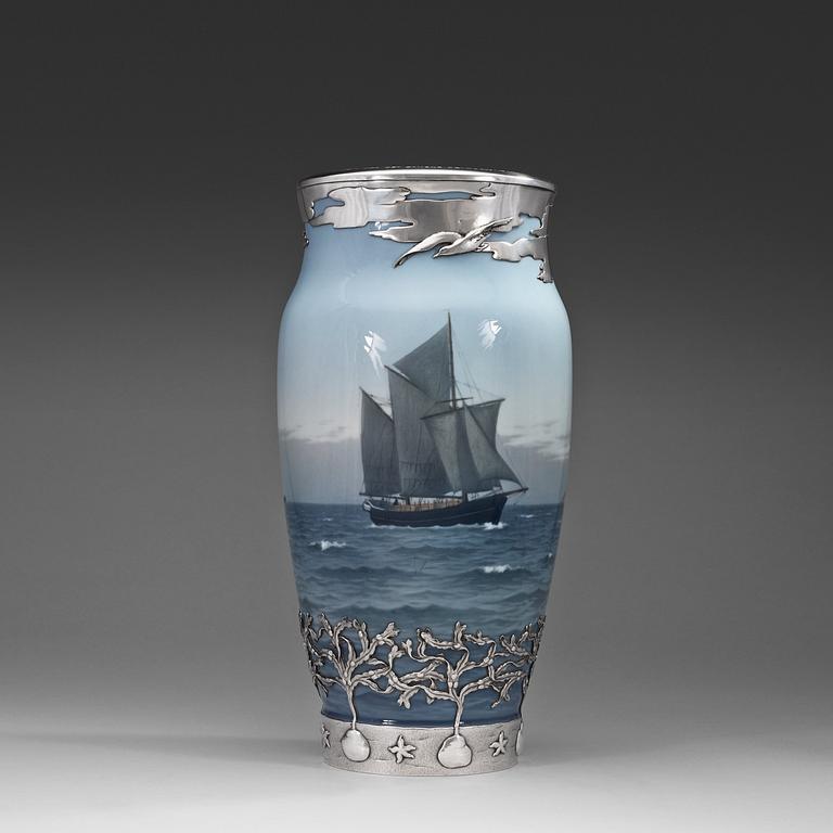 A Royal Copenhagen silver-mounted 'seascape' porcelain vase with the silver marks of Anton Michelsen, Copenhagen 1925.