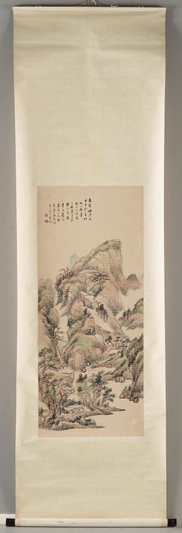 A hanging scroll of a mountain and river landscape, by Ni Tian (1855-1919), signed and dated (1909).