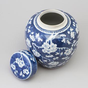 A blue and white 'prunus' jar with cover, early 20th century.