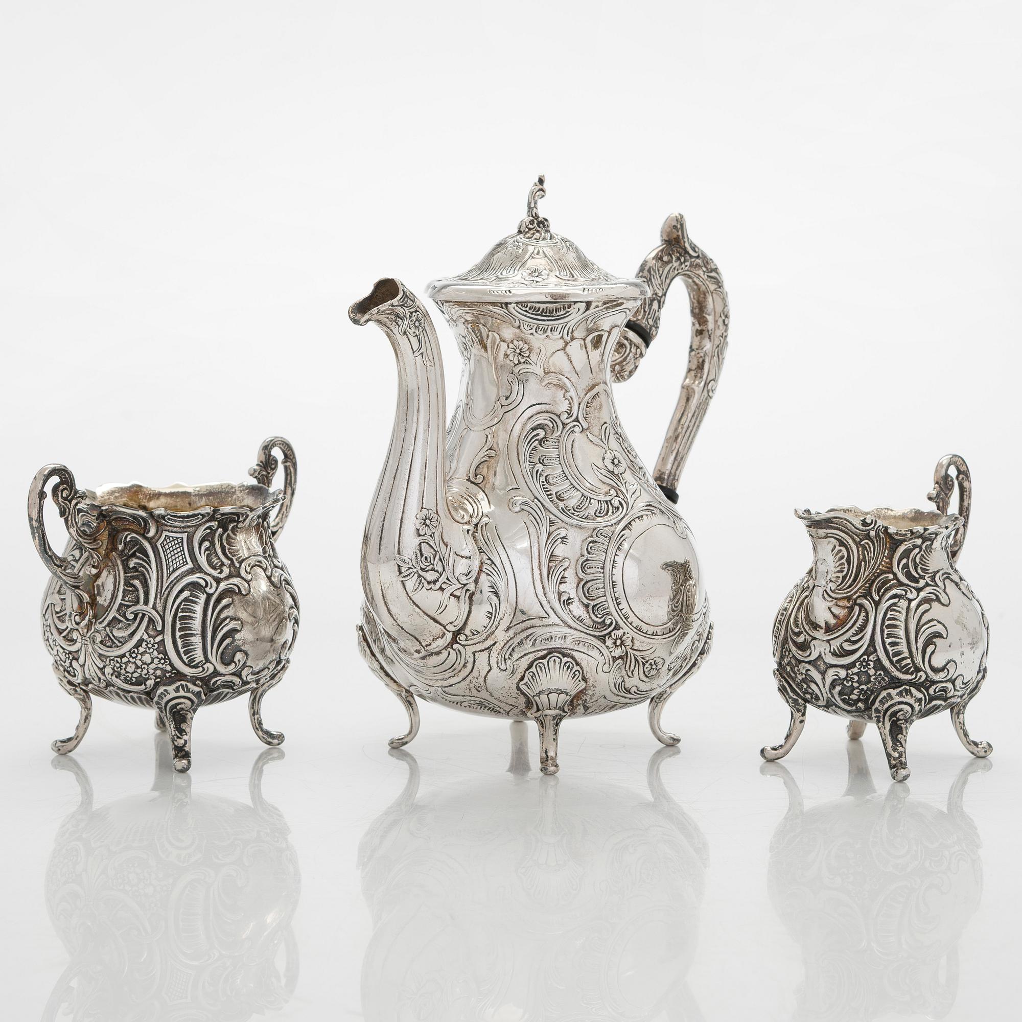 Kaffeservis, 3 delar, silver, rokokostil, GEWE, Malmö 1959.