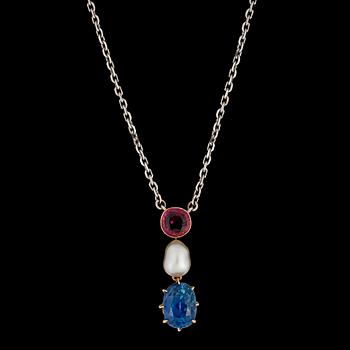 217. A ruby, sapphire and pearl pendant.