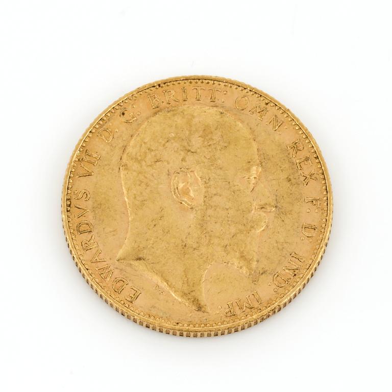 GULDMYNT, sovereign, Edward VII, Storbritannien, 1905. Vikt ca 8 gram.