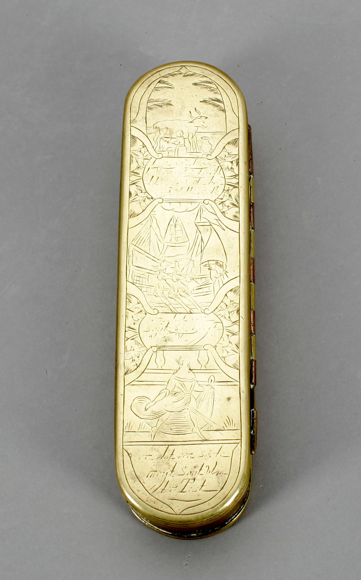 TOBAKSDOSA, koppar och mässing, troligen Holland, 1700-tal.