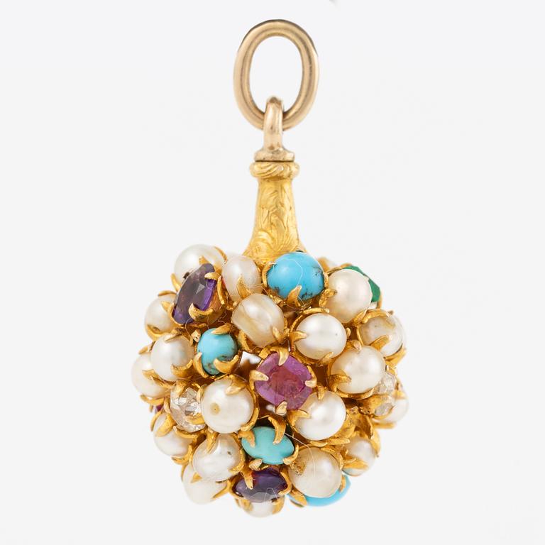 Pendant, 14K gold with pearls, turquoises, old-cut diamonds, and amethysts.