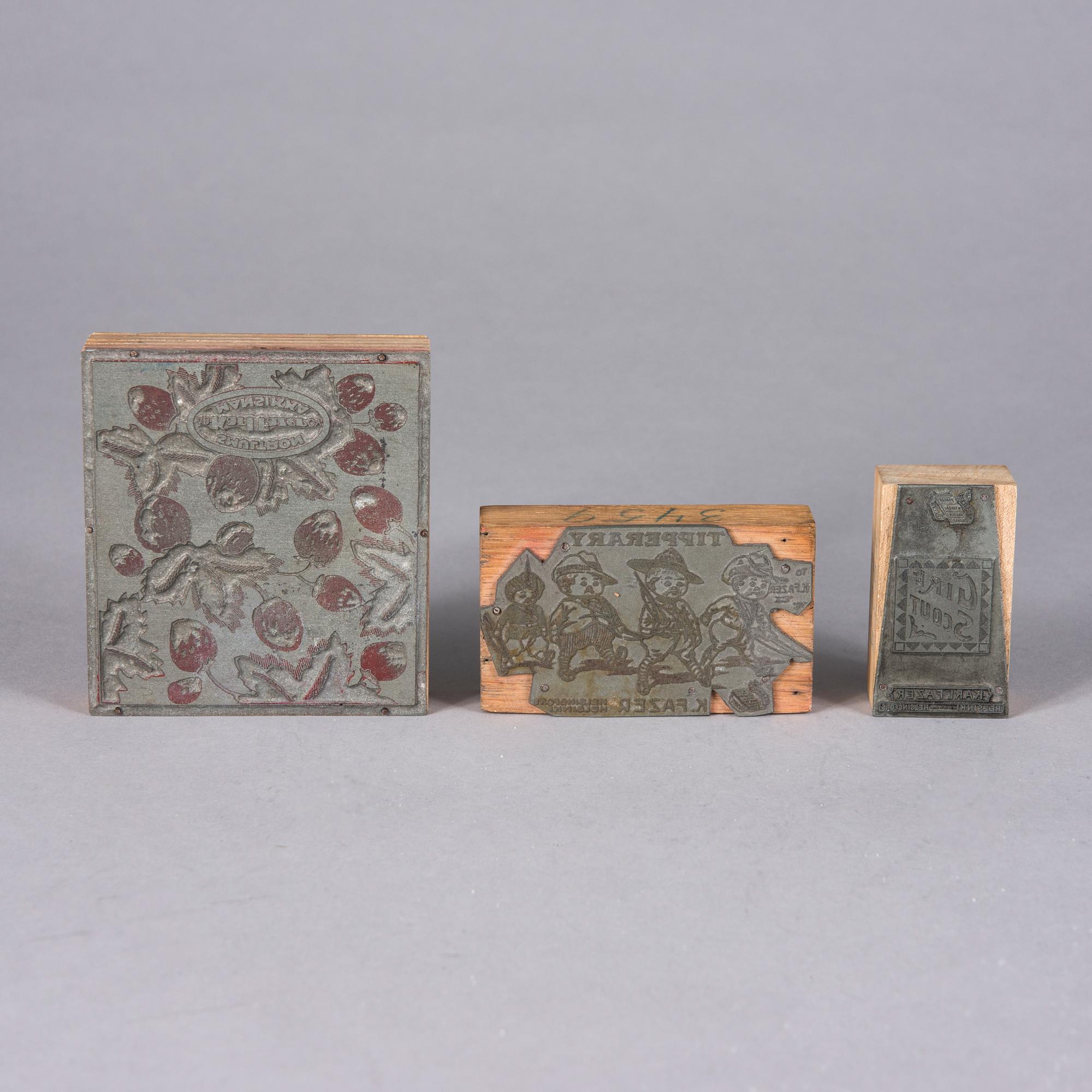 TRYCKPLÅTAR, 3 st, DOSA och LÅDA, Karl Fazer, Helsingfors.