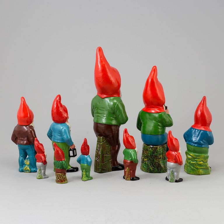 A collection of ten painted ceramic gnomes, partly from DDR, former East Germany, mid 20th century.