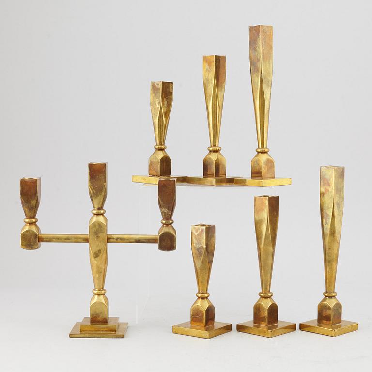 Six candlesticks and one candelabra, Gusum GoProduct AS, brass.