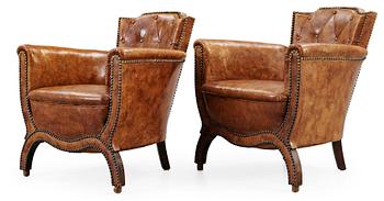 A pair of Otto Schulz brown leather armchairs, by Boet, Gothenburg 1930's.