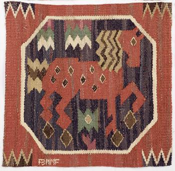 TEXTILES, 4 pieces. "Röd häst". Tapestry weave (Gobelängteknik). ca 39,5 x 39 cm each. Signed AB MMF.