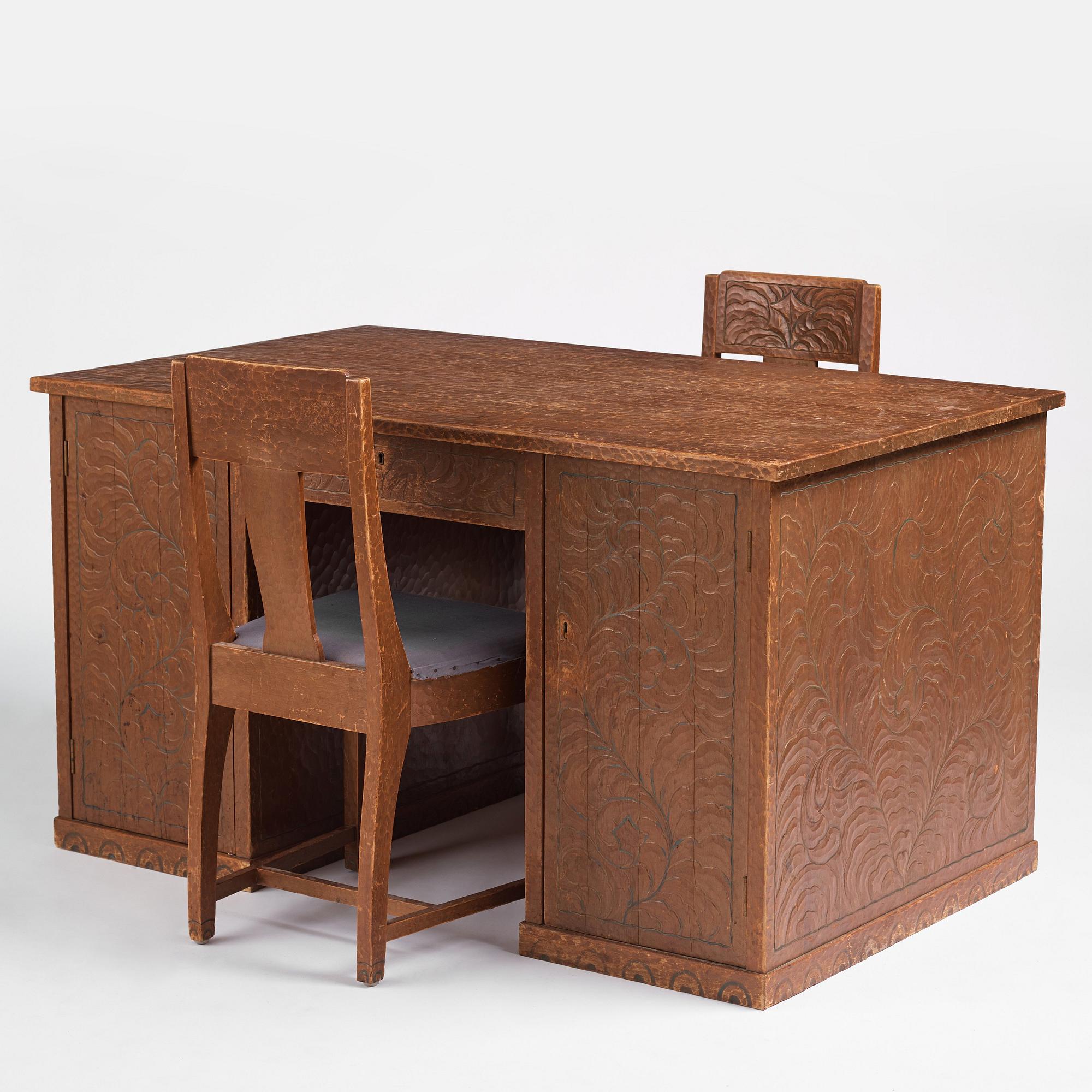 Otto Wretling, tillskrivet, skrivbord, "partner's desk", med två stolar, tidigt 1900-tal, jugend.