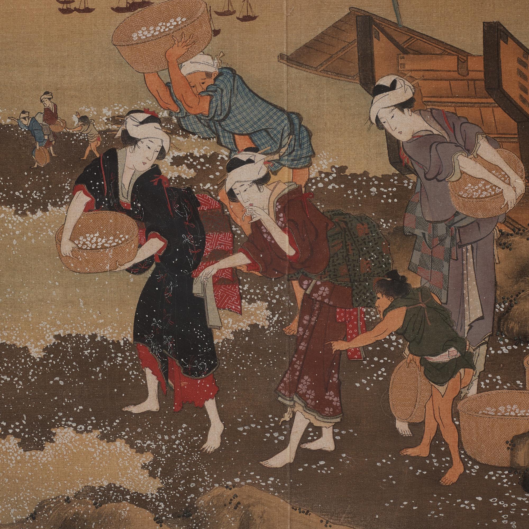 KATSUSHIKA HOKUSAI (1760–1849), efter, färgträsnitt på textil. Japan, "Shell Gathering", 1900-tal.