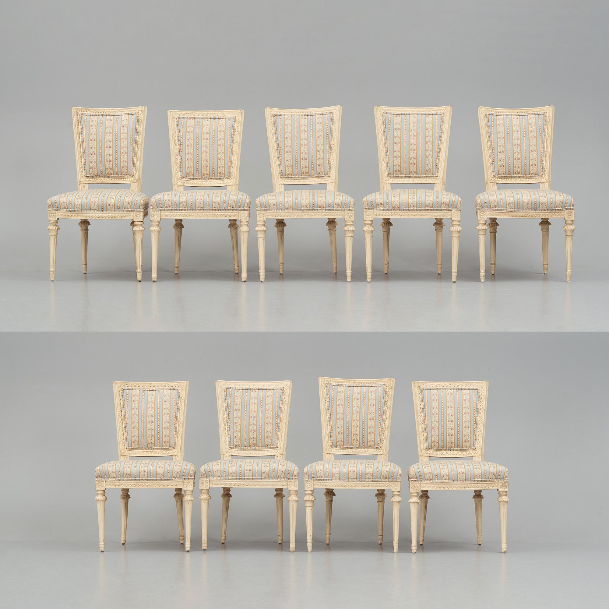 A set of nine Gustavian chairs by A Hellman (master in Stockholm 1761-94) and E Ståhl (master in Stockholm 1794-1820).