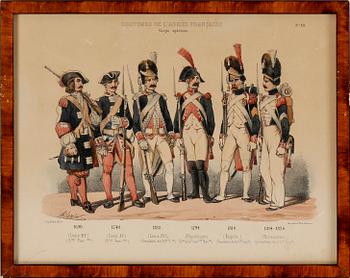 LITOGRAFISKA UNIFORMPLANSCHER, 8 st, Costumes de l'armée Française, 1800-talets slut.