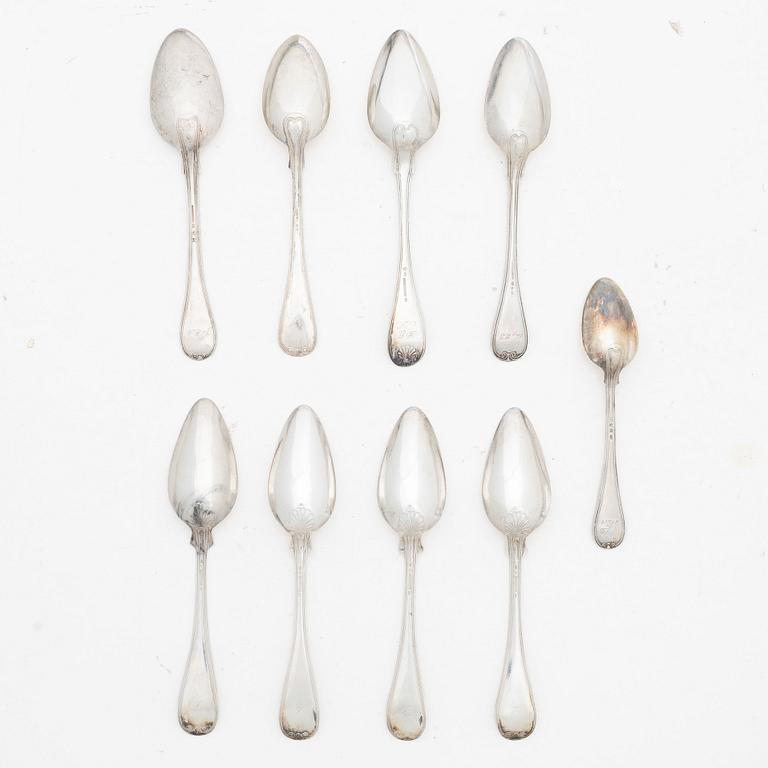 Nine Swedish silver spoons, 1843–1915.