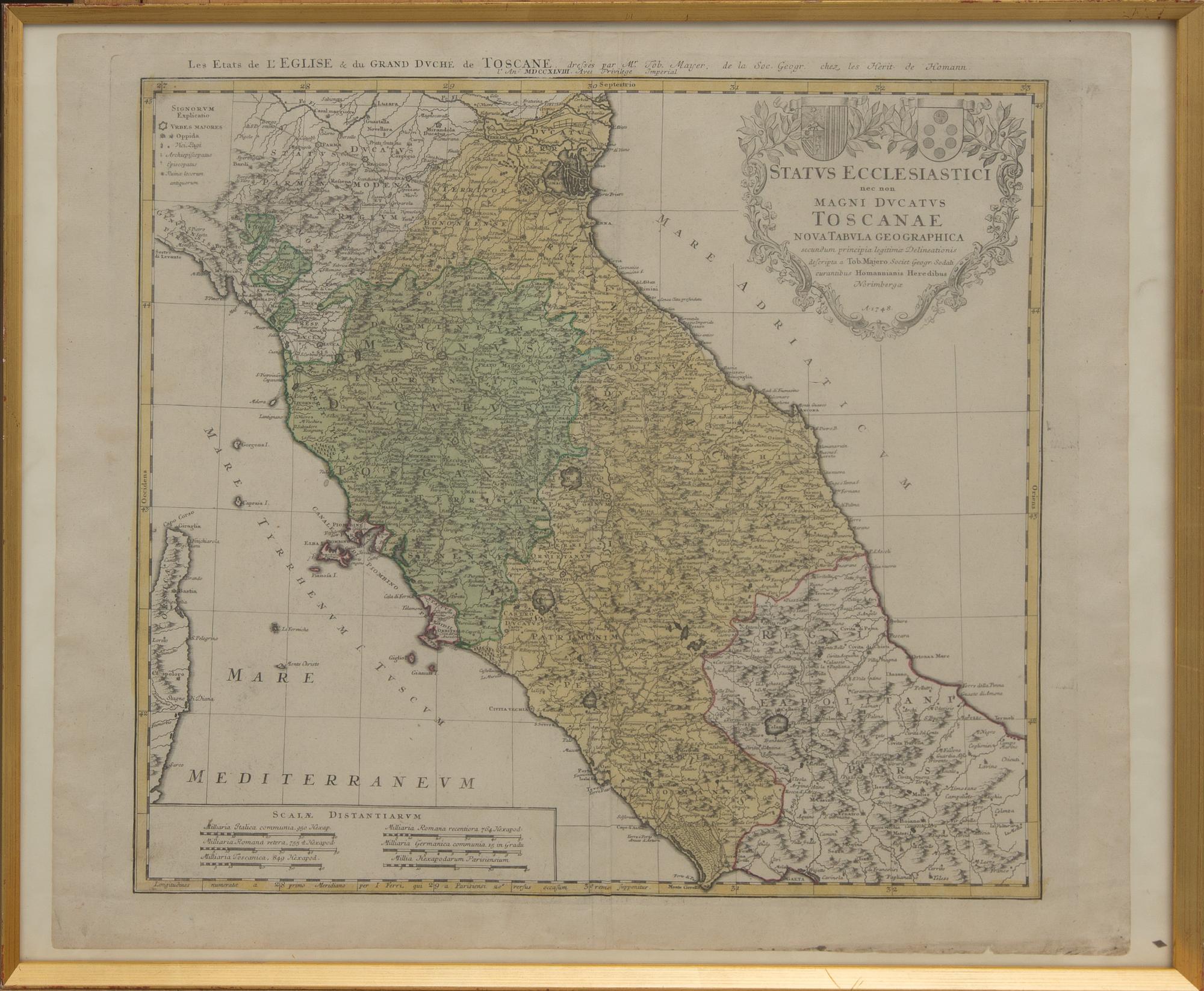 KARTA, kolorerad, "Status Ecclesiastici nec non Magni Ducatus Toscanae". Nürnberg 1748.