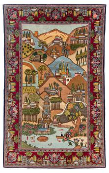 398. A semi-antique pictoral Kashan rug, c. 212 x 130 cm.