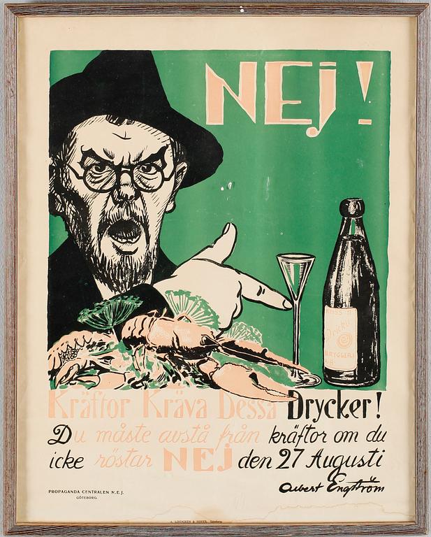 AFFISCH, Albert Engström "Kräftor kräva dessa drycker", 1900-talets första hälft.