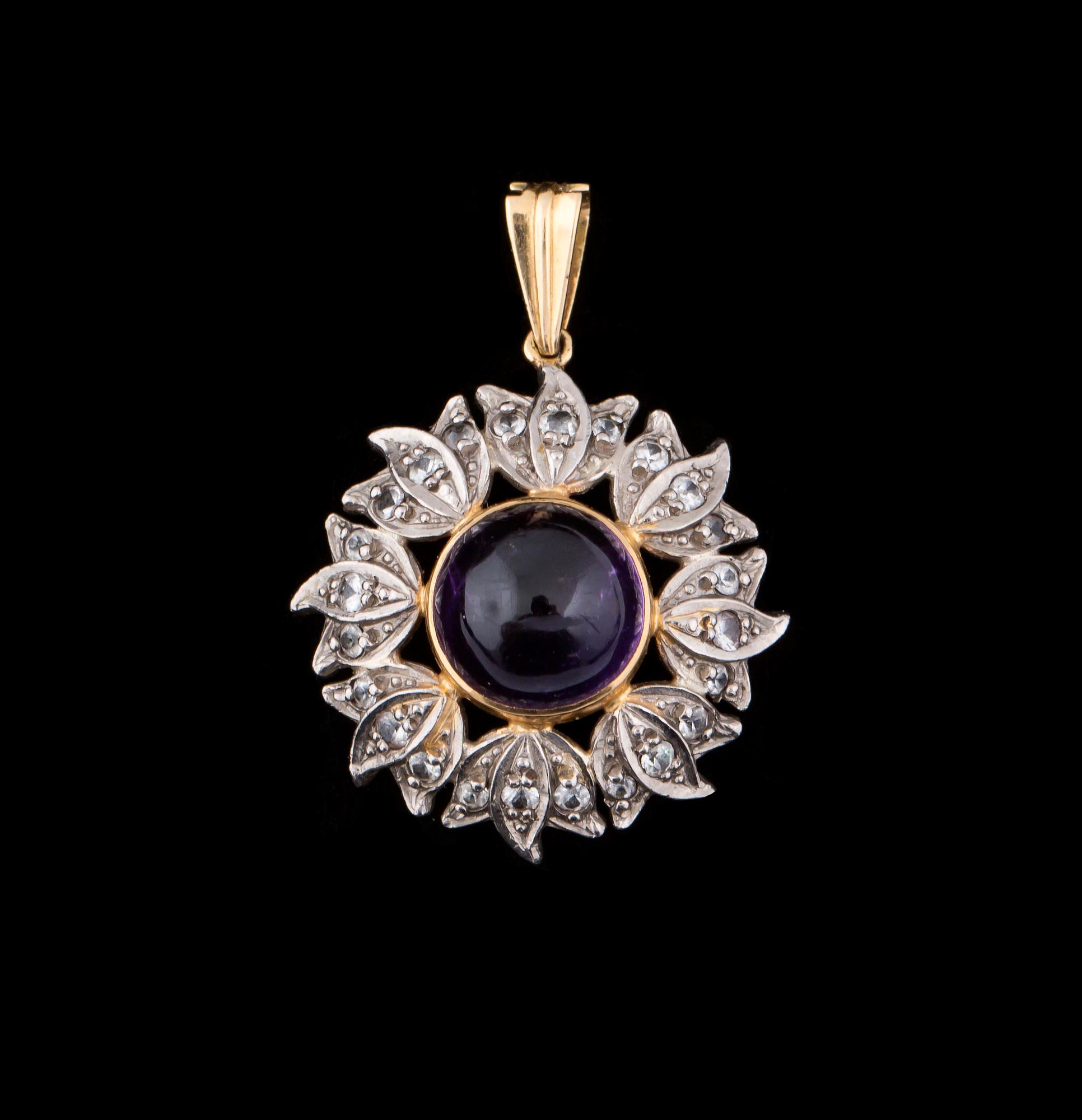 HÄNGE, 18 k guld samt vitguld med ametist samt rosenstenar, Heribert Engelbert, Stockholm, 1950. Vikt ca 5 g.