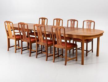 Carl Malmsten, Dining table with 2 armchairs and 6 chairs, 'Ambassador', Åfors Möbelfabrik, second half of the 20th century.