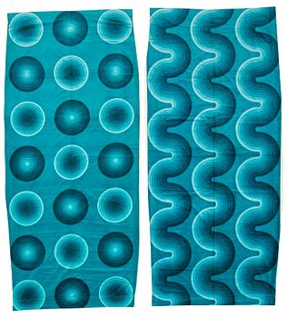 CURTAINS, 3 PIECES, AND SAMPLERS, 7 PIECES.  Cotton velor. A variety of turquoise nuances and patterns. Verner Panton.
