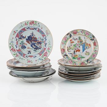 A set of 15 famille rose dinner plates, Qing dynasty, Qianlong and one Canton 19th Century.