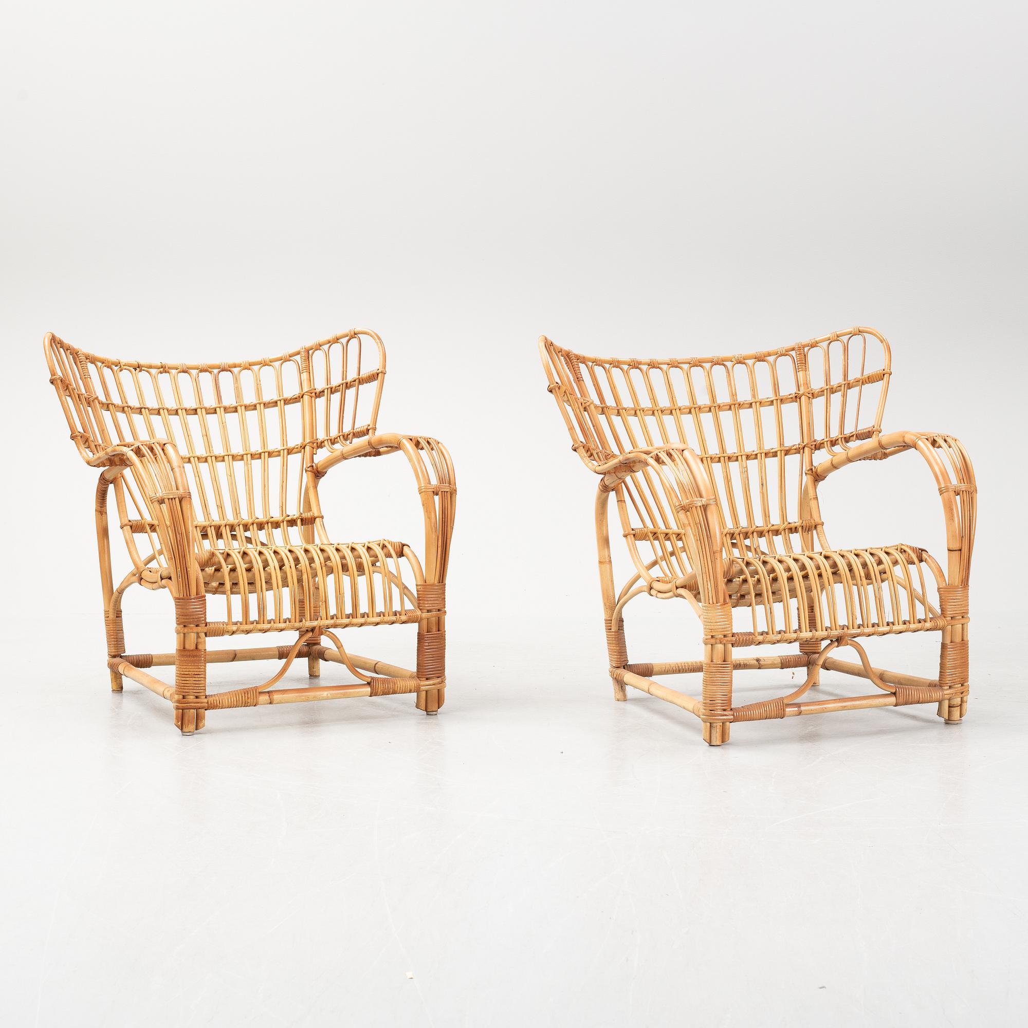A pair of rattan easy chairs, possibly Viggo Boesen.