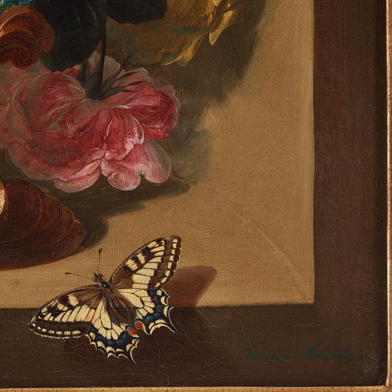 Theodor Schröder, Still-lifes with flowers and butterflies and fruits and a bird.