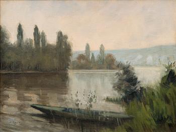 LOUIS SPARRE, ROWBOAT IN LAKE LANDSCAPE.