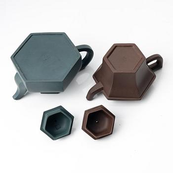 Two hexagonal 'gongfu' teapots, yixing, China, 1980s.