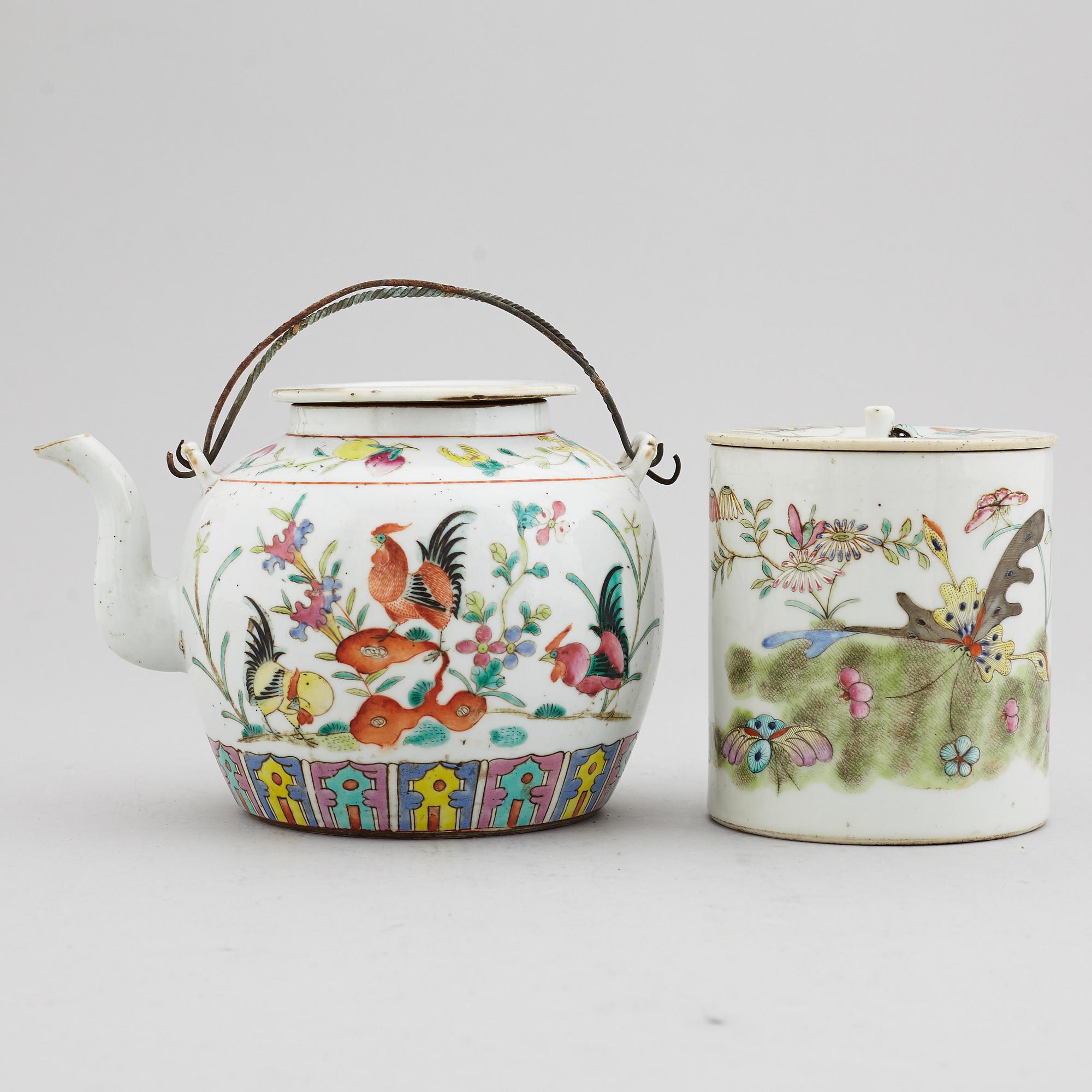 A famille rose table lamp made out of a lantern, and a teapot, dish and jar, late Qing dynasty.