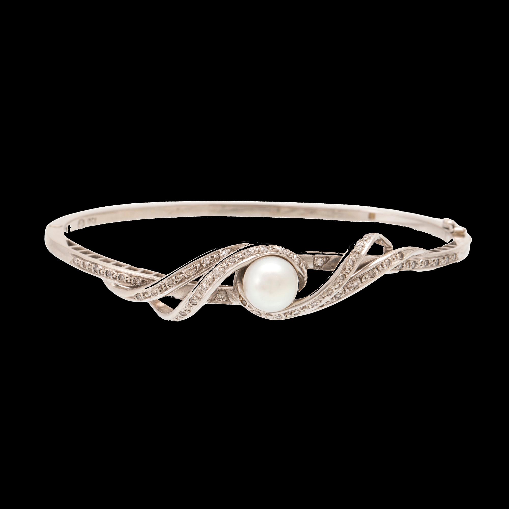 Stelt armband 18K vitguld med enkelslipade diamanter och odlad pärla.