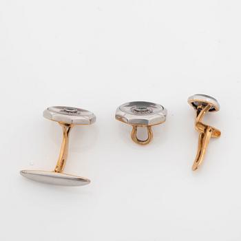 A pair of moonstone, sapphire and rosecut-diamond cufflinks and studs.