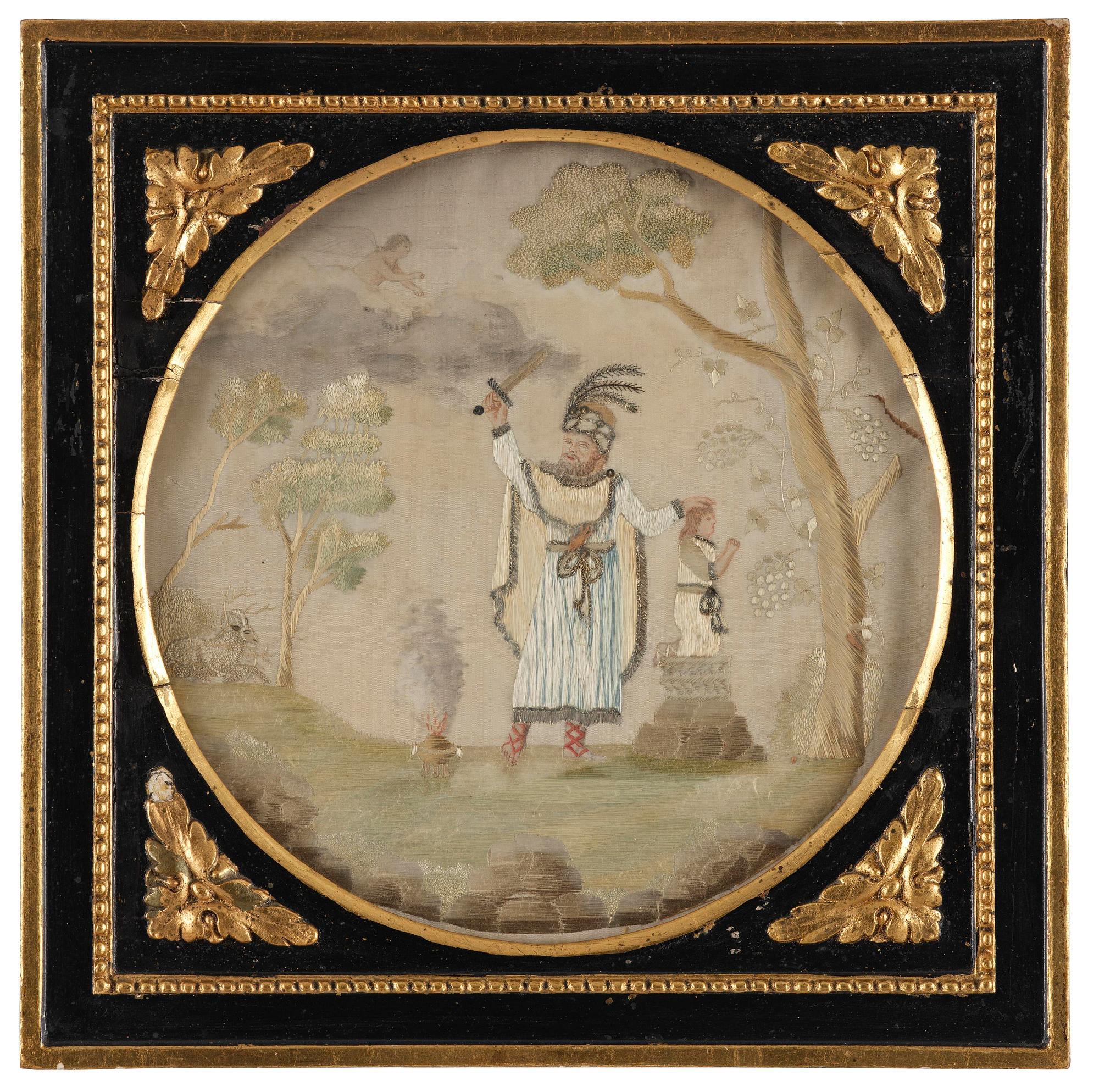 A late Gustavian frame and silk embroidery, dated 1802.